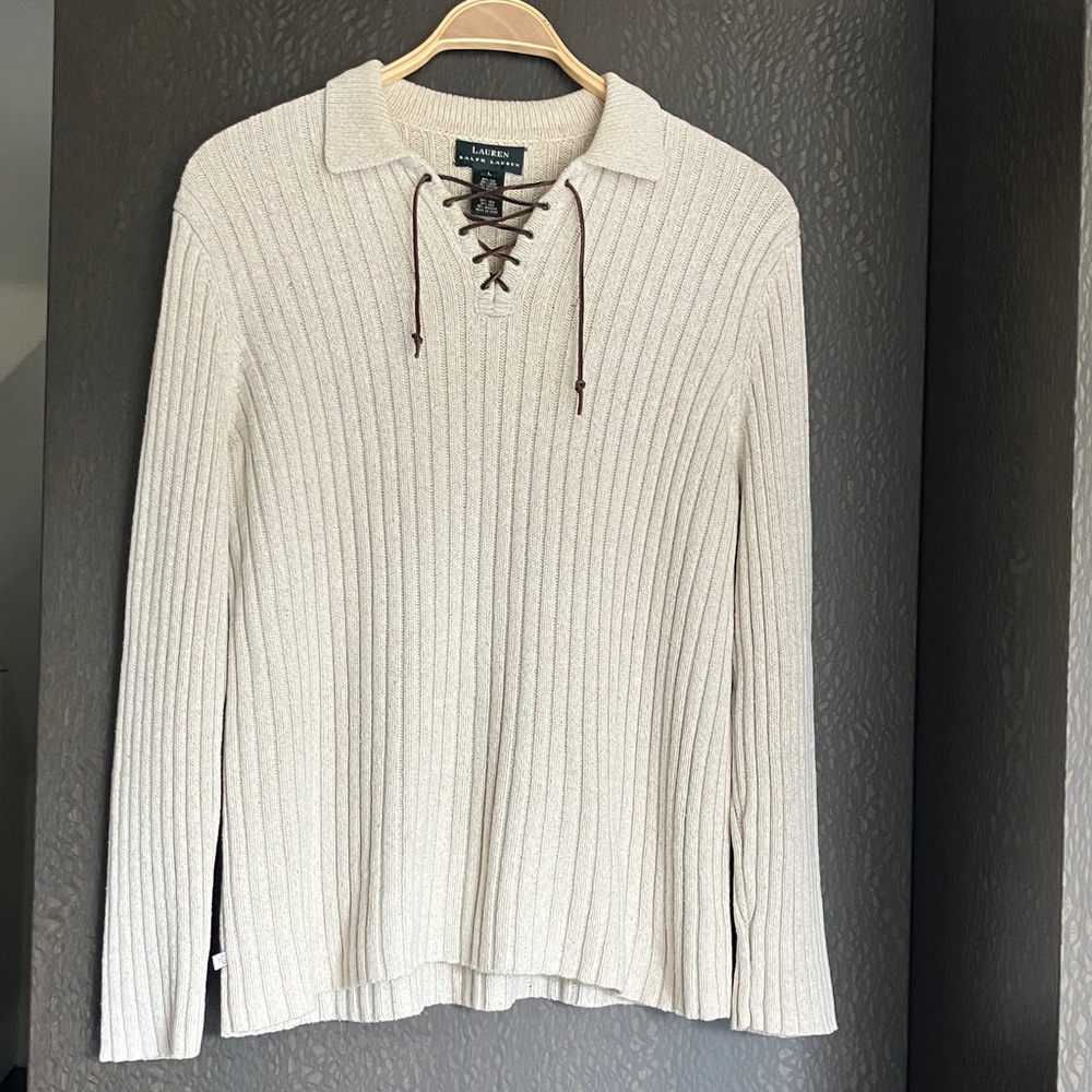 LAUREN RALPH LAUREN Fisherman Silk Linen/Cotton Leather Tie Front Sweater Size L